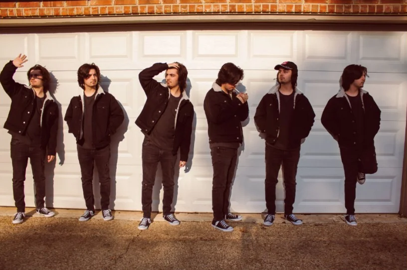 Six photos of Sam in a black jacket posing against a white garage door, merged into one sunlit image